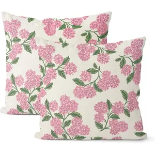 Rosa Kissenbezug Im College-stil Mit Frühlingsmotiven, 45,72 X 45,72 Cm, 2er-set. Dekoratives Kissen Mit Grünen Hortensien, Floraler Vintage-stil, Ideal Für Sommer Und Outdoor-aktivitäten, Perfekt Für
