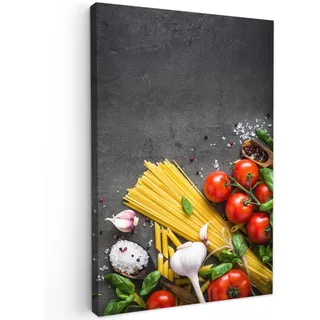 MuchoWow© Wandbilder Schlafzimmer Home Deko Wohnung Bild Wohnzimmer | 40x60 cm - Fotoleinwand Wand Bilder Leinwand Wall Decor Küchen - Nudeln - Kräuter - Tomaten - Gewürze - Rustikal
