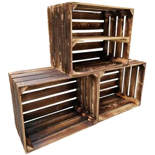 Teramico Holzkiste Obstkisten 50 x 40 x 30cm Geflammt 3er Set Regal Lang, Vintage Obstkiste braun