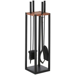 Relaxdays Kaminbesteck 5-teilig Aluminium Holz Metall 0,78 m schwarz/braun