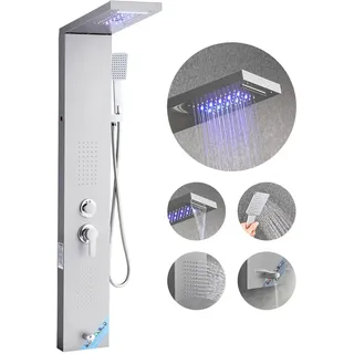 Vevor Duschpaneel-Turmsystem (5 Modi) mit Regenwasserfall-Duschkopf & LED, (1345 mm) Duschsäule aus gebürstetem Edelstahl, Regenmassagesystem zur Wandmontage, mit Handbrause & Wannenauslauf