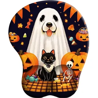 SENDJJ 3D Mauspad mit Gelkissen Ergonomisches Geisterhund und schwarze Katze Halloween Party Mousepad mit Handauflage Gel Mauspads mit Handgelenkauflage für Computer Laptop Offfice Heim
