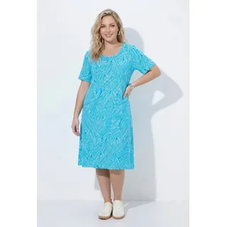 Ulla Popken Jerseykleid Jerseykleid Blätter A-Linie Rundhals Halbarm blau 50/52
