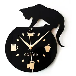 Wanduhr Im Cartoon-stil Mit Kletternder Katze, Kaffeetasse Und