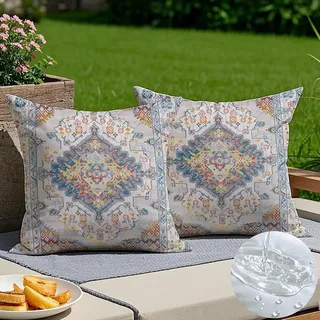 Boho Outdoor Kissen Set von 2, Wetterfest, 40 x 40 cm, Beige für Garten