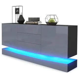 Vladon Sideboard City (Kommode mit 2 Türen, und 3 Schubladen inkl. LED-Beleuchtung), Schwarz Hochglanz/Grau Hochglanz (178 x 72 x 38 cm) grau