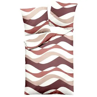 JACK Bettwäsche JACK by Dormisette 135x200cm / 155x220cm Welle Linie Weiß Braun Rot, Biber, 2 teilig, Edelbiber, mit Reißverschluss bunt