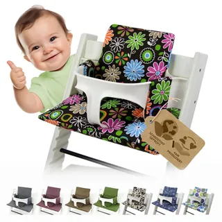 BambiniWelt Ersatzbezug Tripp Trapp – Sitzkissen-Set kompatibel, Stokke Hochstuhl, extra weich, waschbar & langlebig, 2-teiliges Kissen - Klettverschluss, Farbe: braun bunte Blumen