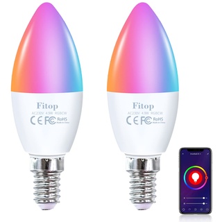 Fitop Alexa Smart Glühbirnen, E14 Wlan LED Lampen Dimmbar Glühbirne 4.9W 470Lm+2700-6500K+RGB 16 Millionen Farben, App Steuern Kompatibel mit Alexa/Google Home, Sprachsteuerung 2 Pack