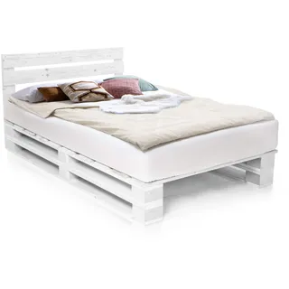 PALETTI Palettenbett inklusive Kopfteil Massivholzbett Holzbett Bett aus Paletten mit 11 Leisten, Palettenmöbel, 120 x 200 cm, Fichte Weiss
