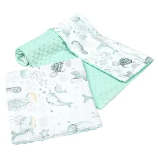 Medi Partners Babydecke Krabbeldecke mit Kissen 100% Baumwolle Minky Kinderdecke groß zweiseitig 75x100 + 35x30cm multifunktional für Bett Kinderwagen (Ozean mit minzer Minky)