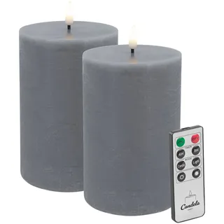 Candela Lights LED Kerzen 2er Set H:15xØ10cm grau rustic Stumpenkerze  Echtwachs mit Fernbedienung & Timerfunktion Flammenlose flackernde LED-Kerze mehrstufig dimmbar