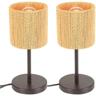 LIGKIN 2 Stück Vintage Tischlampe Nachttischlampe Bohemian Style Rattan Schirm Tischlampe E27 Nachtlicht Deko für Schlafzimmer Büro Lesen