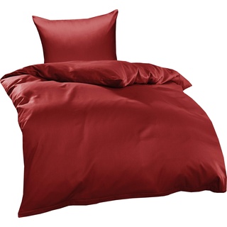 Bettwaesche-mit-Stil Mako Interlock Jersey Bettwäsche Garnitur Uni/enfarbig 100% Baumwolle 135x200 + 80x80 cm, Rot
