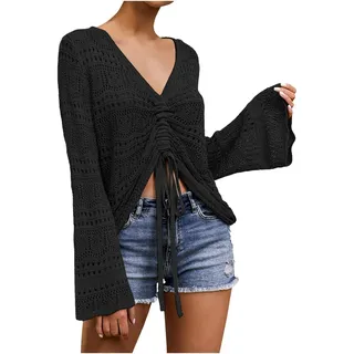 Häkeltop Damen Pullover Flowy Oversized Langarm Frühling Sommer Strickpullover V-Ausschnitt Crochet Sexy Tops