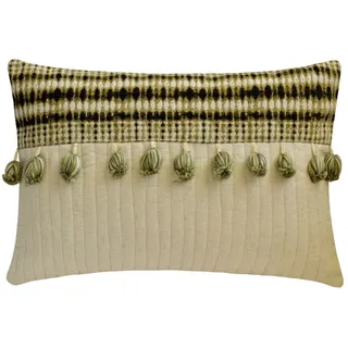 Beige-grüner Lendenkissenbezug (30 X 66 Cm), Leinen-patchwork, Gesteppt Mit Quasten, Streifenmuster – Keten Decor
