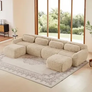 4-Sitzer Sofa + 2 Hockern U-förmiges mit Kissen, montagefrei, rahmenloses modulares Design, Rutschfester Boden, Plüschstoff für Wohnzimmer, Schlafz