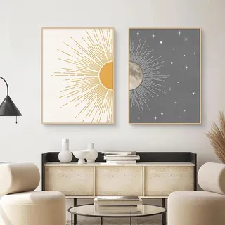 Ueiwffzo 2er Poster Set, Boho Deko Wand, Stilvoll Sonne & Mond Wandbilder Set ohne Rahmen, Premium Leinwand Bilder Kunstdrucke für Schlafzimmer Wohnzimmer (30 x 40 cm)