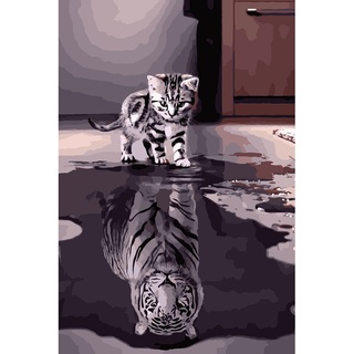 Malen nach Zahlen für Erwachsene Tierreflektion schwarz-weißes Kätzchen oder Tiger Leinwand Ölgemälde Acryl-Aquarellfarben-Set für Anfänger Kinder Zuhause Schlafzimmer Wandkunst Dekoration