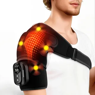 Schulter Massagegerät, 5 Heizstufen & 5 Vibrationsmodi, kabellos, USB-C | 5000mAh Akku, Magnetische Fernbedienung, 3 Timer (20/35/45 Min), 45–65°C Wärme, Verstellbare Gurte für Schulterkomfort