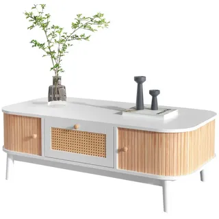 Merax Couchtisch mit 1 Schubalde und 2 Bogenschiebetüren, Besitelltisch mit Rattan-Geflecht, Wohnzimmertisch, Breite 110cm beige