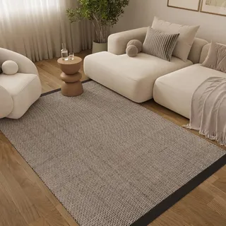 TAPISO Loni Wollteppich Handgewebt, Teppich Wohnzimmer, Wollwebteppich, Hand Made, teppichboden Wolle, für Schlafzimmer Flur Esszimmer, Natur, Schwarz 140 x 200 cm