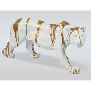 Casa Padrino Luxus XXL Deko Skulptur Panther Weiß / Gold 160 x H. 72 cm - Große Deko Figur - XXL Wohnzimmer Deko - XXL Garten Deko