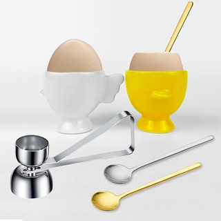 KATISHYRO 5er-Set weichgekochte Eierbecher Keramik-Eierhalter, 2 Stück hartgekochte Rohe Eierbecher 1 Stück Eierschneider mit 2 Stück Eierlöffeln für Dekoration Frühstück Brunch