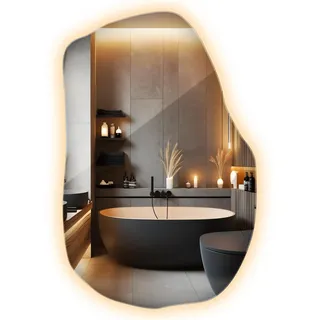 Wallfluent Glas Spiegel LED Weiß Warm 70x45,5 cm Wellige Form Wandspiegel Ohne Rahmen Warmes Licht Beleuchtet Hängend Organischer Aspekt Glatte Kanten Industrial-Stil Diffuses Licht