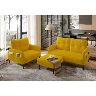 LVHOM Sofa Polstergarnitur, Sicher, komfortabel & multifunktional für Familien, 3-2-1 sitzer, 3 tlg. Sofa-Set: Zweisitzer+Sessel+Hocker/Ottomane, modular kombinierbar für maximale Flexibilität. Perfekt für Wohnzimmer, Büros oder kleine Apartments – schafft sichere Sitzgelegenheiten mit kinderfreundlichem Design & Platzoptimierung 3 Teile, Kindersicher mit runden Ecken. Hocker als Tisch oder Sitz nutzbar. gelb