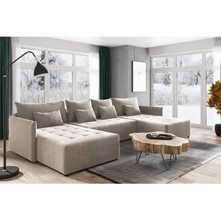 Sofnet Wohnlandschaft Leno U mit Schlaffunktion - U-Form Couch, Ecksofa mit Bettkasten, Couchgranitur mit Bettfunktion, Schlafsofa, Big Sofa - Velours Sto... - Beige
