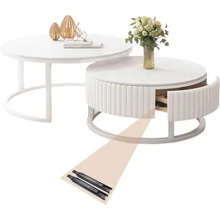 Runder Couchtisch Weiß 2er Set Satztische Fürs Wohnzimmer 50+70cm Wohnzimmertisch Rund Marmor Couchtisch Mit Stauraum Nested Beistelltisch Stabilem Metallgestel Kaffeetisch Mit Montageanleitung