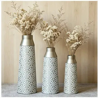 BlingBin Bodenvase Bodenvase 3er Set, Metall Vase mit Geometrischem Muster, 42/51/61 cm (3er Set, 3 St., Groß: 20x20x61cm, Mittel: 17x17x51cm, Klein: 15x15x44cm), Dekovase für Wohnzimmer, Esszimmer, Trockenblumen & Pampasgras, Silber silberfarben