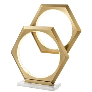 Casa Padrino Luxus LED Tischleuchte Antik Messing / Weiß 52 x 14 x H. 58 cm - Dimmbare Designer Tischlampe mit Marmorsockel - Luxus Kollektion
