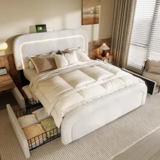 Flieks Polsterbett 160x200cm mit 4 Schubladen, Doppelbett Jugendbett mit Lattenrost, Holzbett Stauraumbett Klassisches Bett, Schafwolle, Weiß - Weiß
