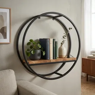 FLEXISTYLE Metall Wandregal 60 cm XXL, Schwarz, Europäische Oval geometrische Linie Design Wand Eiche Regal mit Holzregalen, für Wohnung, Arbeitszimmer, Schlafzimmer, Wohnzimmer, Flur