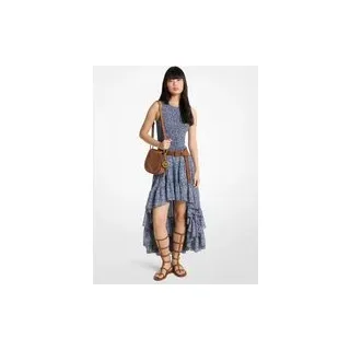 MK Gesmoktes Vokuhila-Kleid aus Georgette mit Blumenmuster - Blau - Michael Kors - L