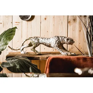 MichaelNoll Leopard Raubkatze Katze Figur Dekofigur Deko Aluminium Silber Skulptur Modern - Dekoration aus Metall - Für Wohnzimmer, Schlafzimmer, Büro - 40 cm, 48 cm oder 78 cm (40x9x12 cm (LxBxH))