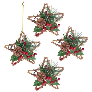 4er-Set Rattan-Dekostern mit Tannenzapfen, handgefertigt, Ø 15 cm
