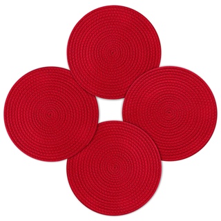 fanquare 4er Set Weihnachten Platzsets, Runde Baumwolle Gewebt Platzsets für Kinder Erwachsene, rutschfest Waschbar Hitzebeständig Tischsets für Hochzeit, Fest, Küche (Rot, 30cm)