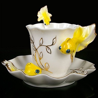 FBSHOP(TM) Gelbe lustige lebendige Goldfisch-Porzellan Teetasse und Untertasse, Kaffeetasse aus feinem Porzellan, antik, matt, mit Goldrand, Blätter, modisch, wunderschön, Hochglanz-Finish, Geburtstag