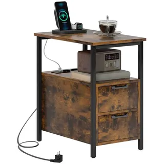 Homcom Beistelltisch Couchtisch mit Aufladestation, USB-Anschlüssen und Steckdosen, Nachttisch mit 2 Schubladen, Regal für Wohnzimmer, Schlafzimmer, Rustikal-Braun - Braun