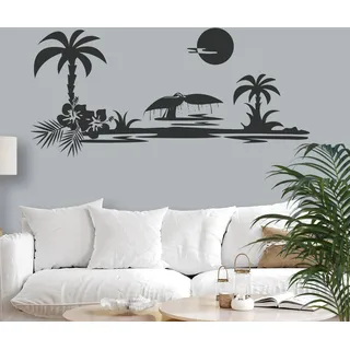 GRAZDesign Wandtattoo Wohnzimmer Palme Strand Meer Skyline, Wanddeko Schlafzimmer, Wand Deko, Wandaufkleber, 108x50cm, 070 schwarz