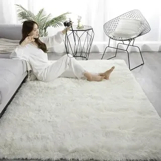 Mateju Teppich Wohnzimmer, Teppich Flauschig 200x300, Modern Hochflor Teppich Schlafzimmer Bettvorleger Teppich Waschbar für Interieur, Kinderzimmer, Schlafzimmer (100x120cm,Weiß)