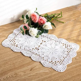 Eiyye Placemats Baumwolle Handarbeit Tischdeckchen 43x27cm Spitzen Dekor Untersetzer für Esstisch Vasen Gläser Weiß(2 Stück