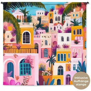 MuchoWow Wandteppich Bunt - Rosa - Orange - Gelb - Blumen, Quadratisch, Höhe: 3 mm, Wandteppich xxl, Kleid Wanddeko, 180x180 cm Quadratisch | 180 cm x 180 cm x 3 mm