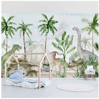 Bilderdepot24 Kindertapete Fototapete Kinderzimmer Dinosaurier Wald, Glatt, Matt, (Vliestapete inkl. Kleister oder selbstklebend), Aquarell geruchsfrei Bildtapete Kinderzimmer Junge Mädchen Baby grün 1.92 m x 1.27 m