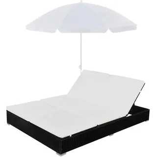 vidaXL Rattan-Sonnenliege 197 x 140 x 190 cm schwarz/cremeweiß inkl. Sonnenschirm