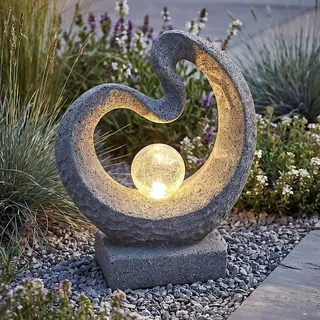 Solarleuchte Skulptur Granit-Optik moderne Solarlampe 33,5 x 39 cm mit Glaskugel Gartendeko beleuchtet - Grau