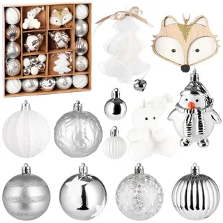 BRUBAKER Weihnachtsbaumkugel 24 Stück Christbaumschmuck mit Pinguinen, Eisbär und Fuchs Anhängern (24 St), Weihnachtskugel Set Silber und Weiß - winterliche Baumschmuck silberfarben